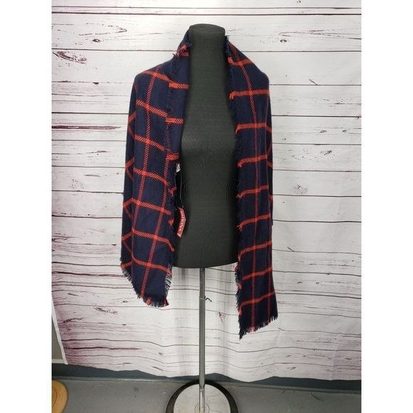 Merona Red Navy Blue Checkered Plaid Winter Blanket Scarf - Picture 9 of 10